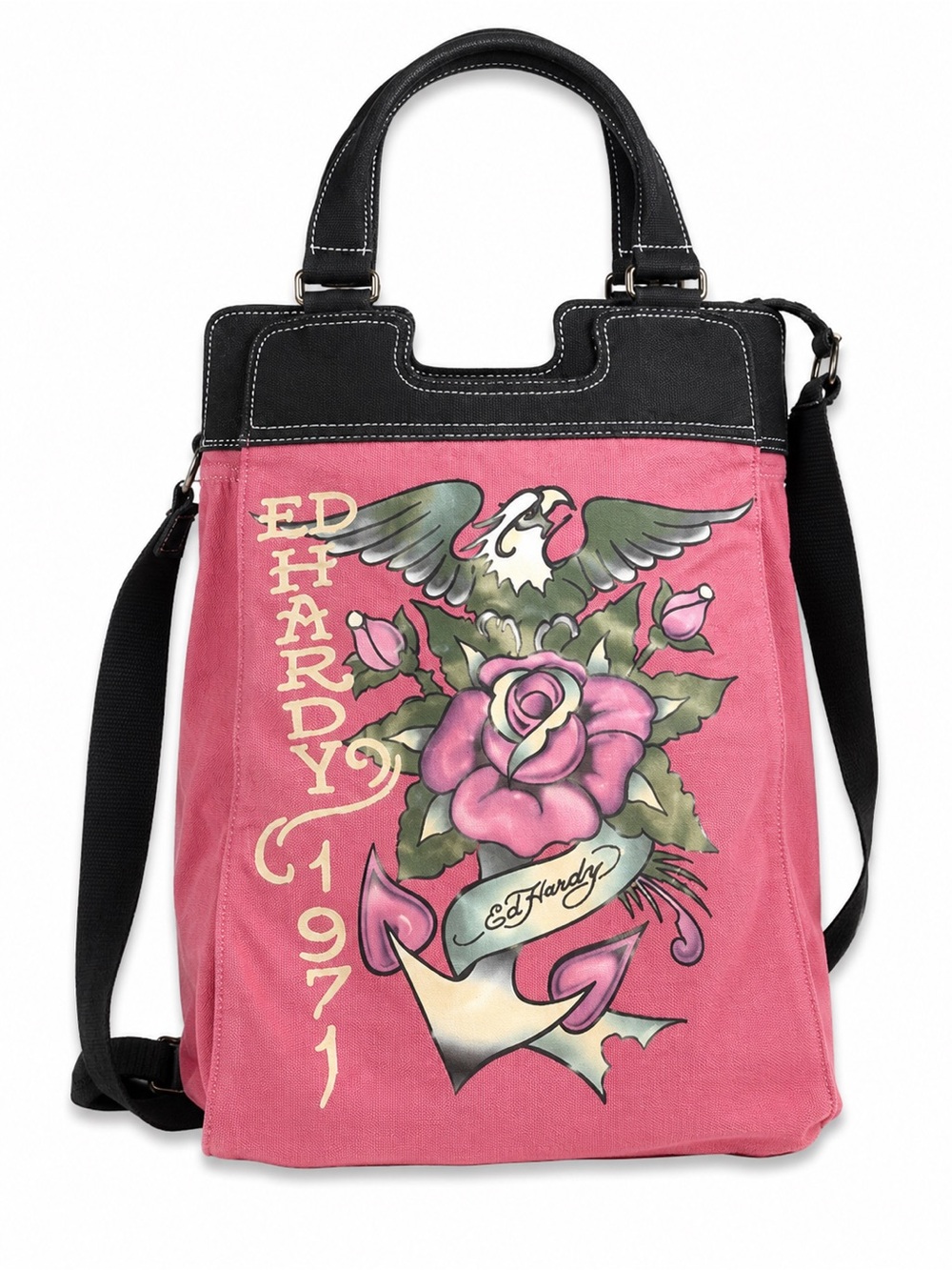 Ed Hardy canvas tote bag featuring a rose and anchor tattoo graphic